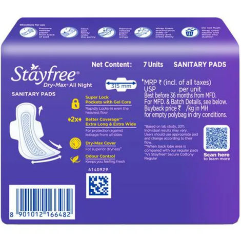 Stayfree Dry Max All Nights Sanitary Pads | XXL | 7 pcs