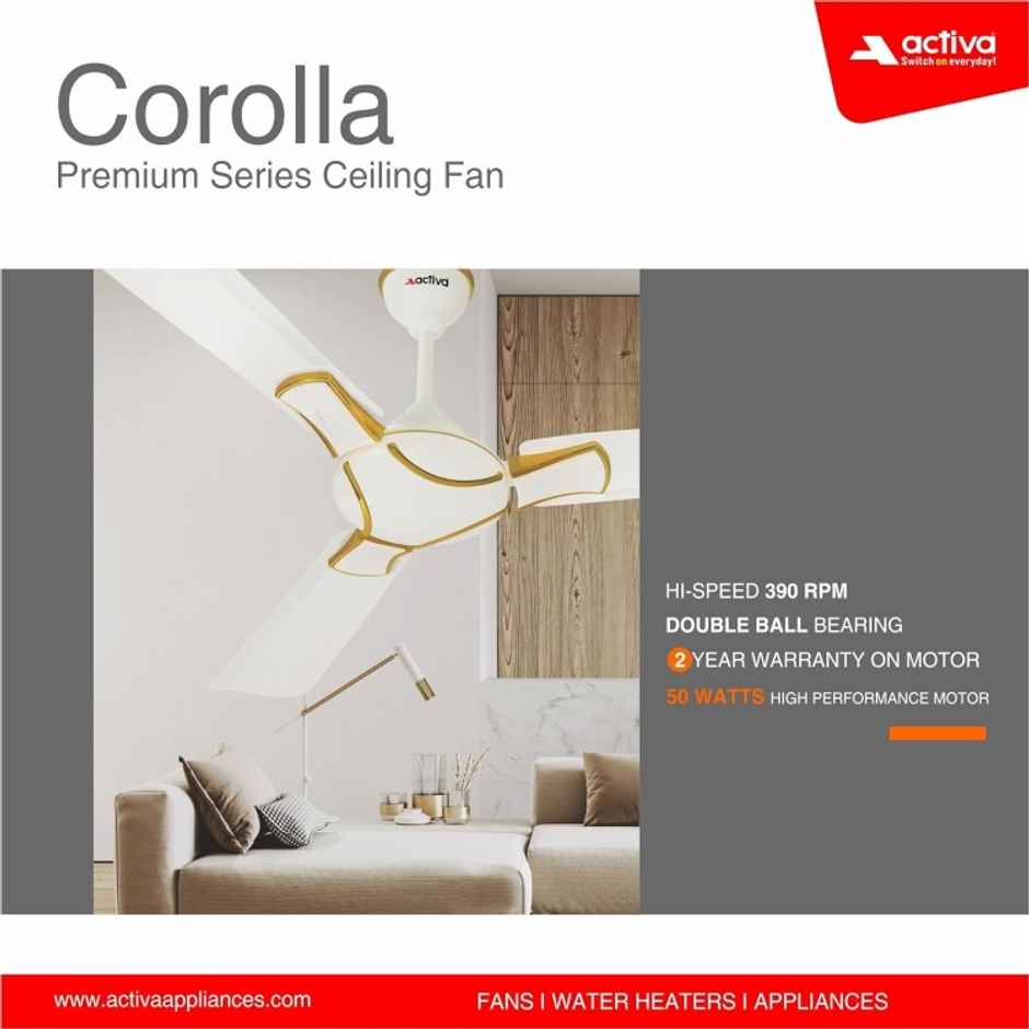 Activa High Speed Ceiling Fan,1200mm, 390 RPM, Anti DUST Coating,Pure Copper, Corolla Pearl Ivory