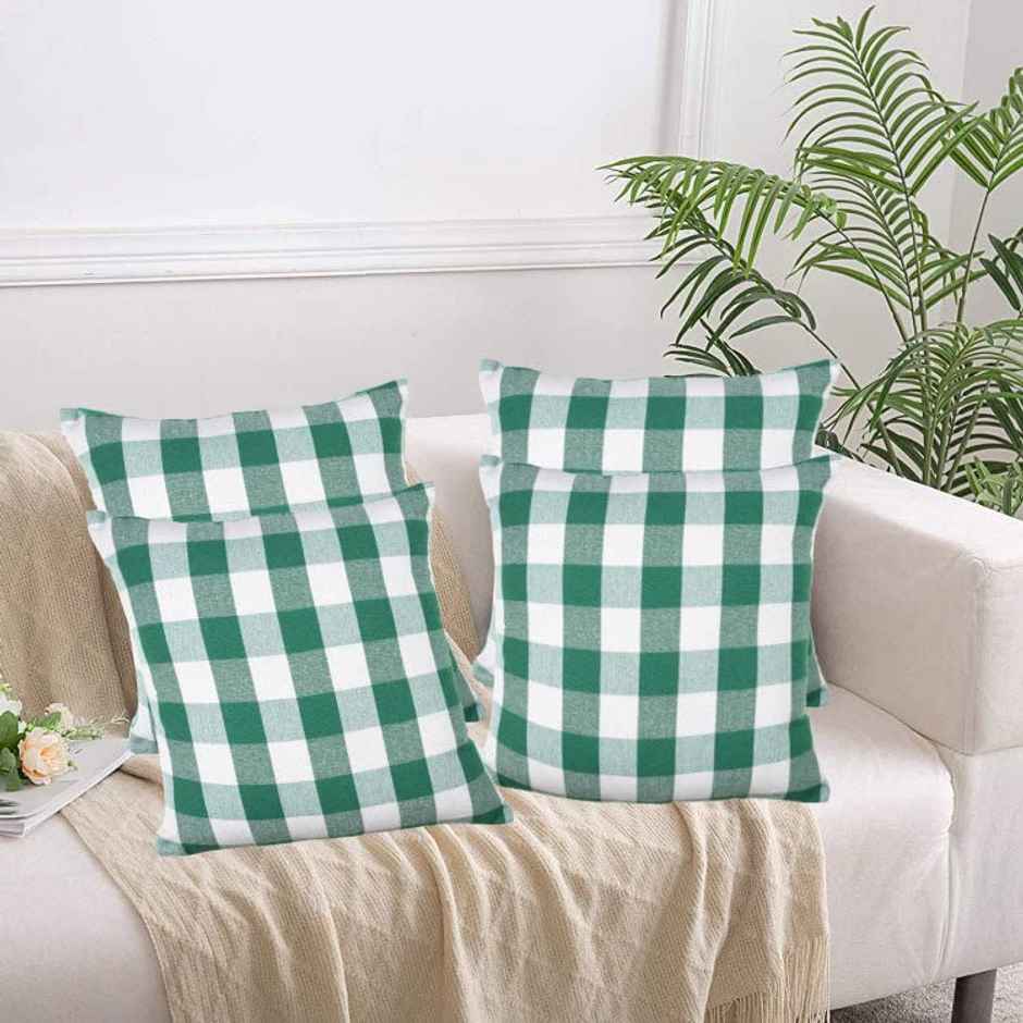 Lushomes Cotton Cushion Covers - Green White Checks | 20 x 20 inch
