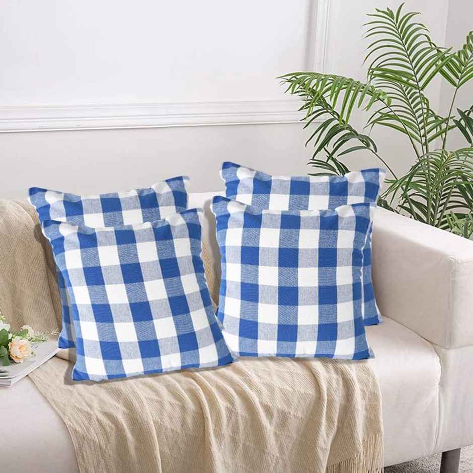 Lushomes Cotton Cushion Covers - Blue-White Checks | 16 x 16 inch