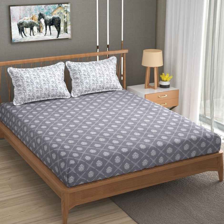 Florida Elastic Fitted Double Bed Cotton Bedsheet with 2 Pillow Cover | 240x275 cm Grey