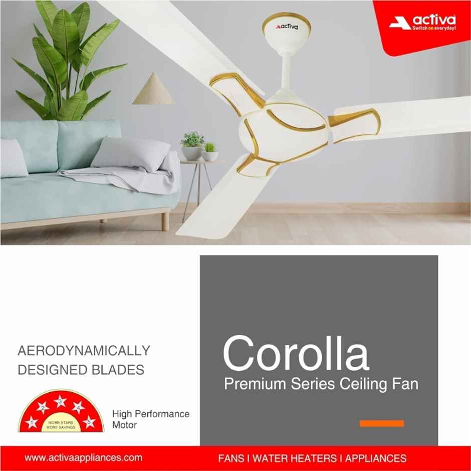 Activa High Speed Ceiling Fan,1200mm, 390 RPM, Anti DUST Coating,Pure Copper, Corolla Pearl Ivory