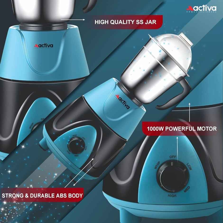 Activa Megamix 1000 W Powerful Motor Mixer Grinder With 4 Jars - Black and Blue