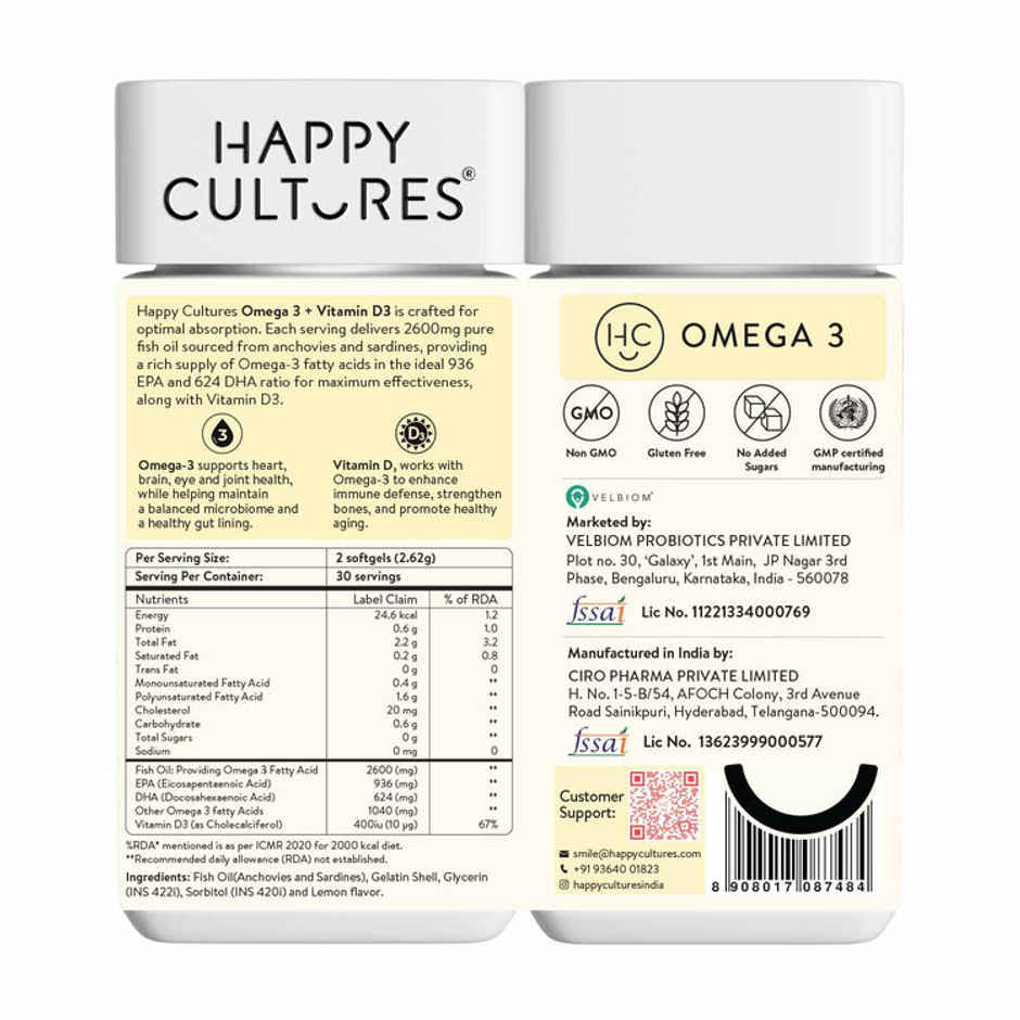 Happy Cultures 5X Omega - 3,2600mg | EPA 936, DHA 624 | Heart, Brain & Joint Health | No Fishy Burp | 60 Softgel
