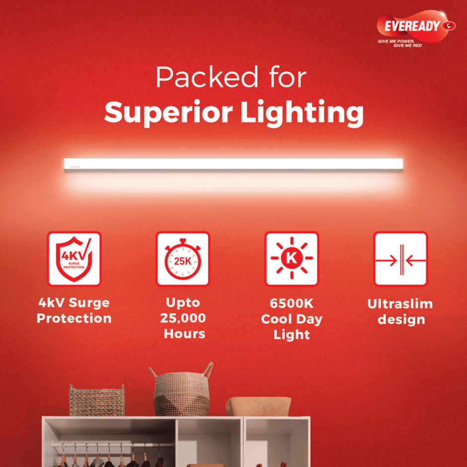 Eveready Ultraslim 10W LED Batten, Cool Day Light | 6500K, Stylish, Durable Lighting Solution