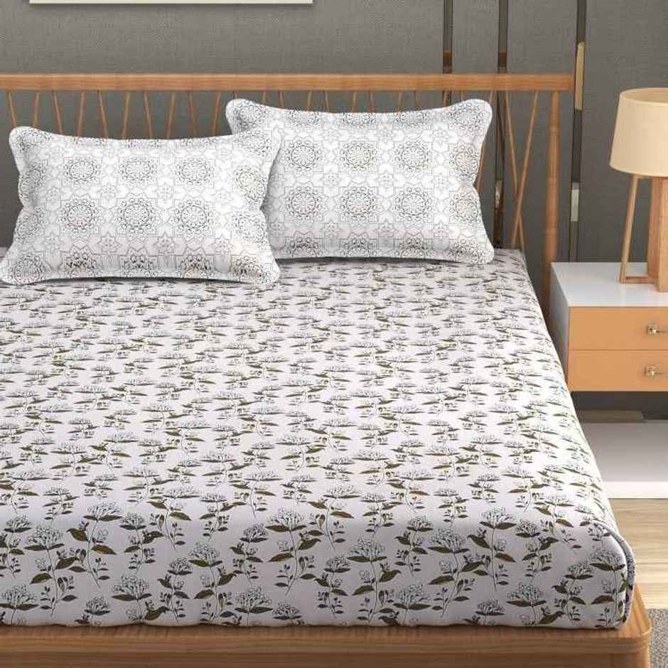 Florida Double Bed Cotton Bedsheet with 2 Pillow Cover | 228x275 cm Green