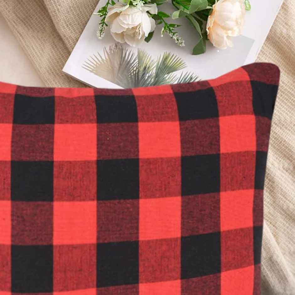 Lushomes Cushion Covers - Red-Black Checks | Cotton | 16 x 16 inch