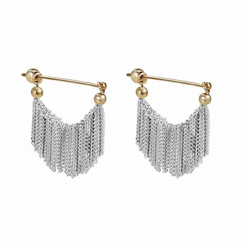 Just Lil Things Silver Fringe Chain Earrings with Gold Accent | jlt11658