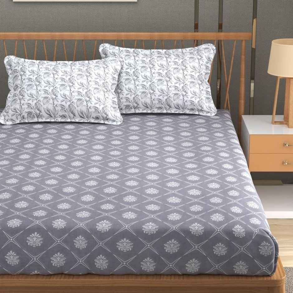 Florida Elastic Fitted Double Bed Cotton Bedsheet with 2 Pillow Cover | 240x275 cm Grey