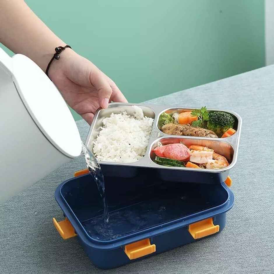 Clazkit 3 Compartment Stainless Steel Lunch BoxPack of 1 Blue,750ML