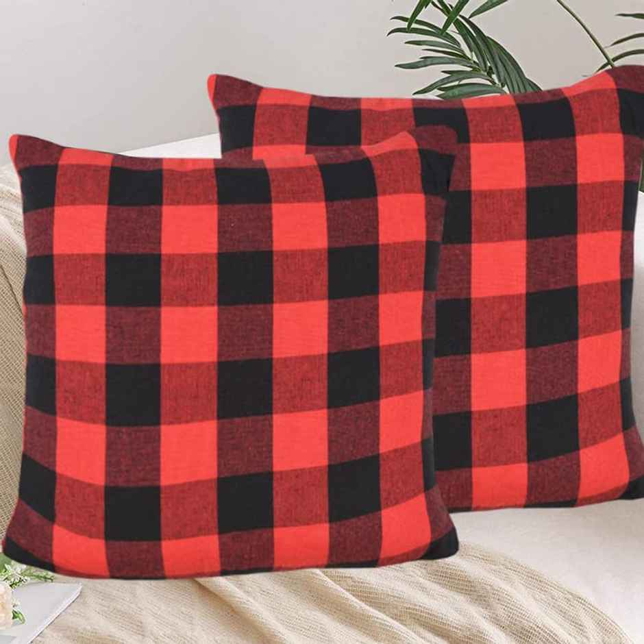 Lushomes Cushion Covers - Red-Black Checks | Cotton | 16 x 16 inch