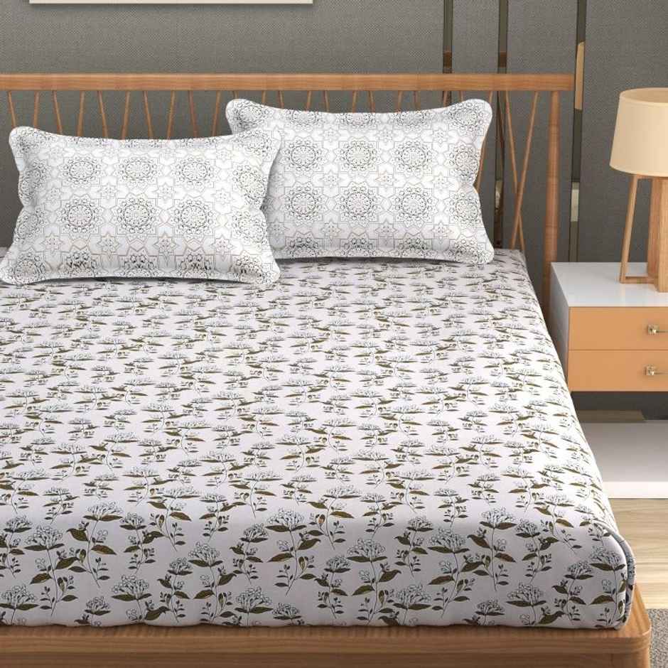 Florida Double Bed Cotton Bedsheet with 2 Pillow Cover | 228x275 cm Green