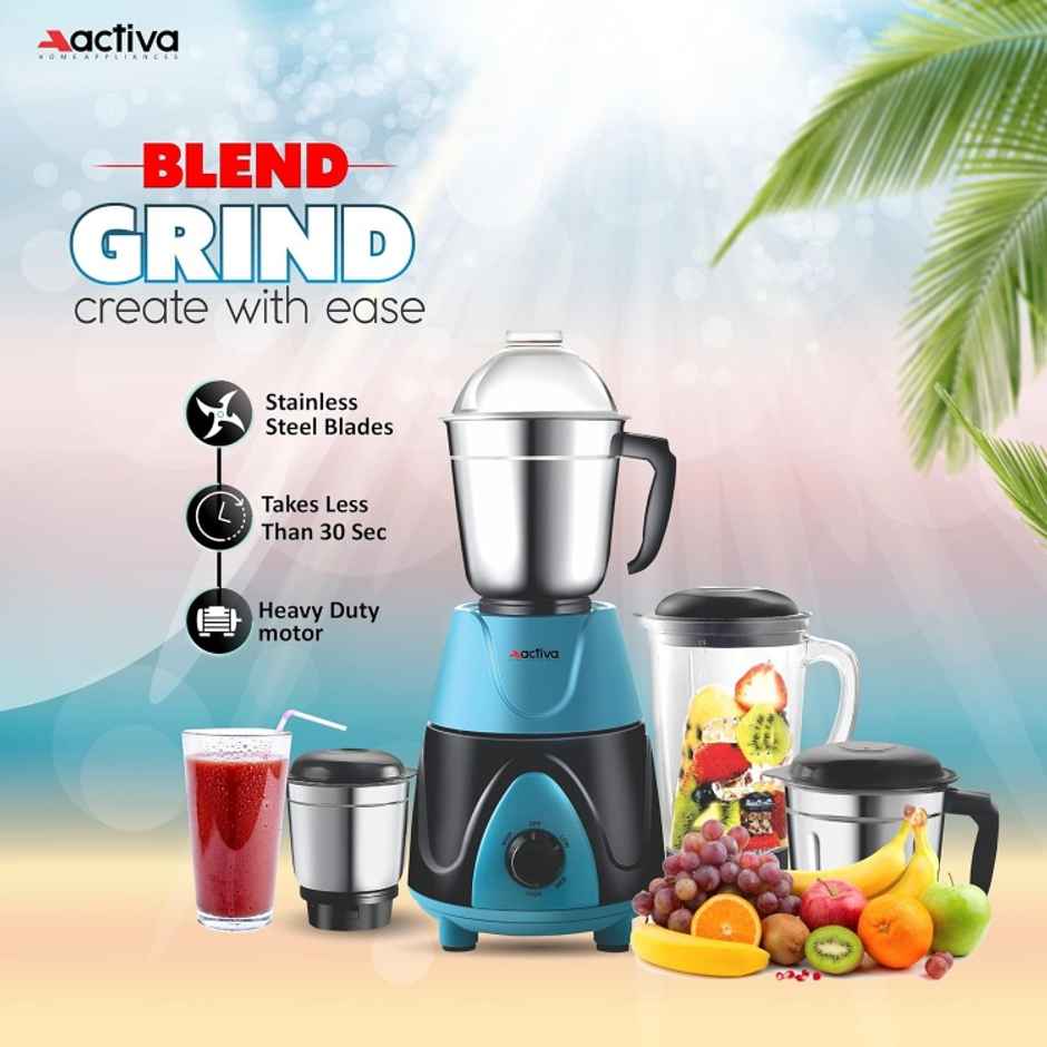 Activa Megamix 1000 W Powerful Motor Mixer Grinder With 4 Jars - Black and Blue