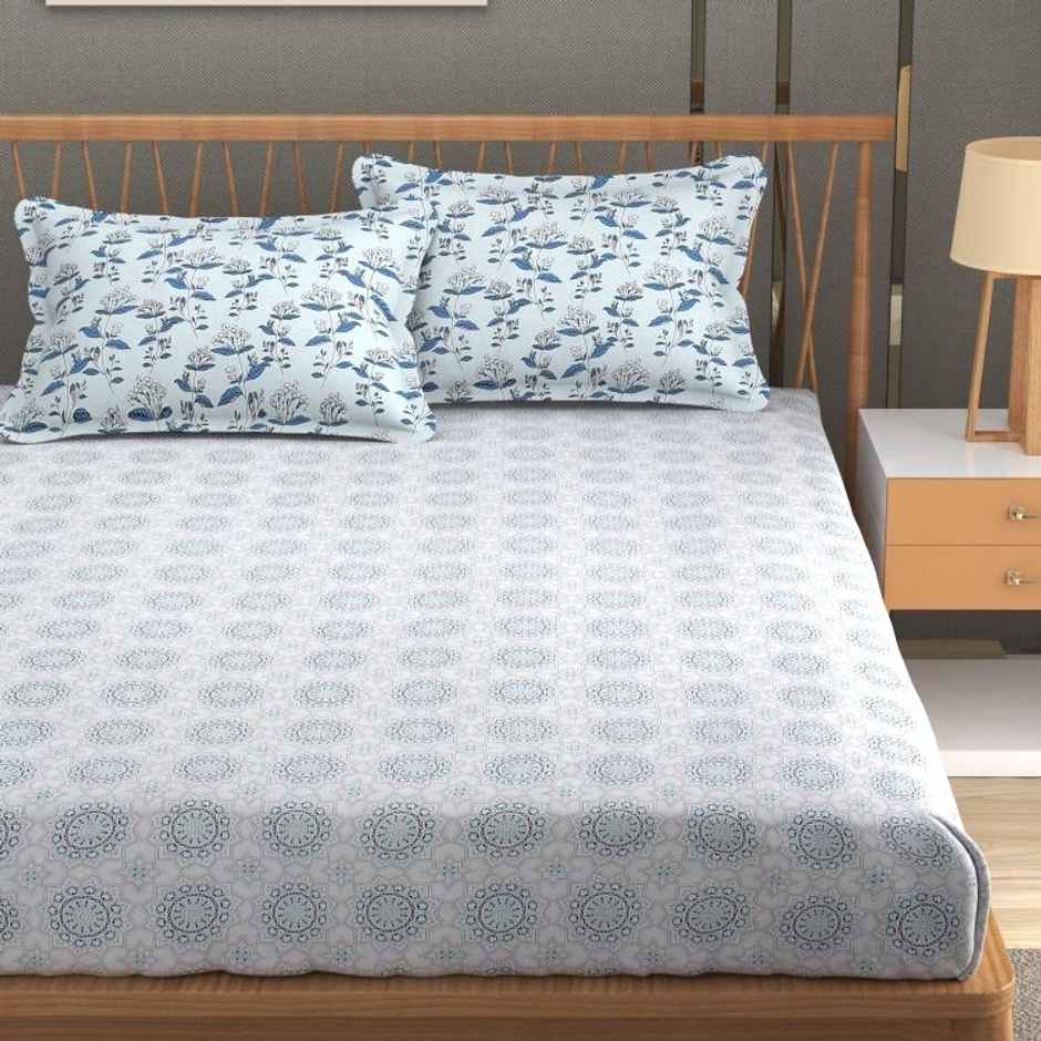 Florida Double Bed Cotton Bedsheet with 2 Pillow Cover | 228x275 cm - Blue