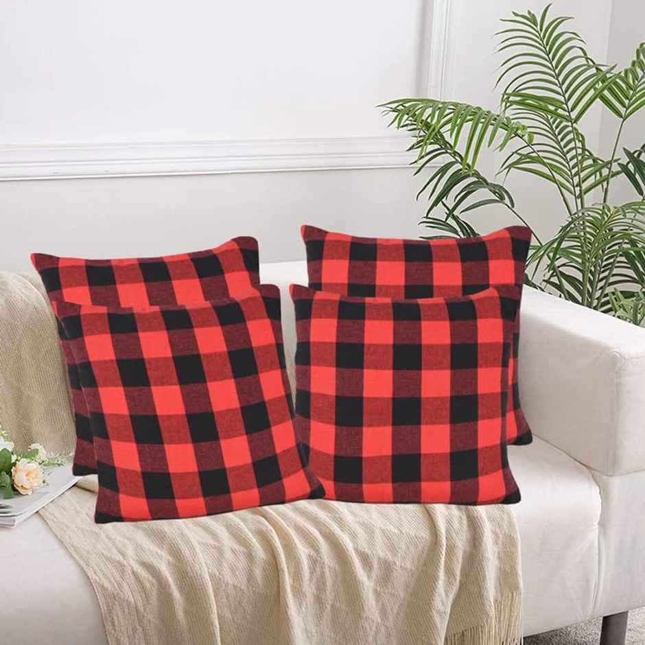 Lushomes Cushion Covers - Red-Black Checks | Cotton | 16 x 16 inch