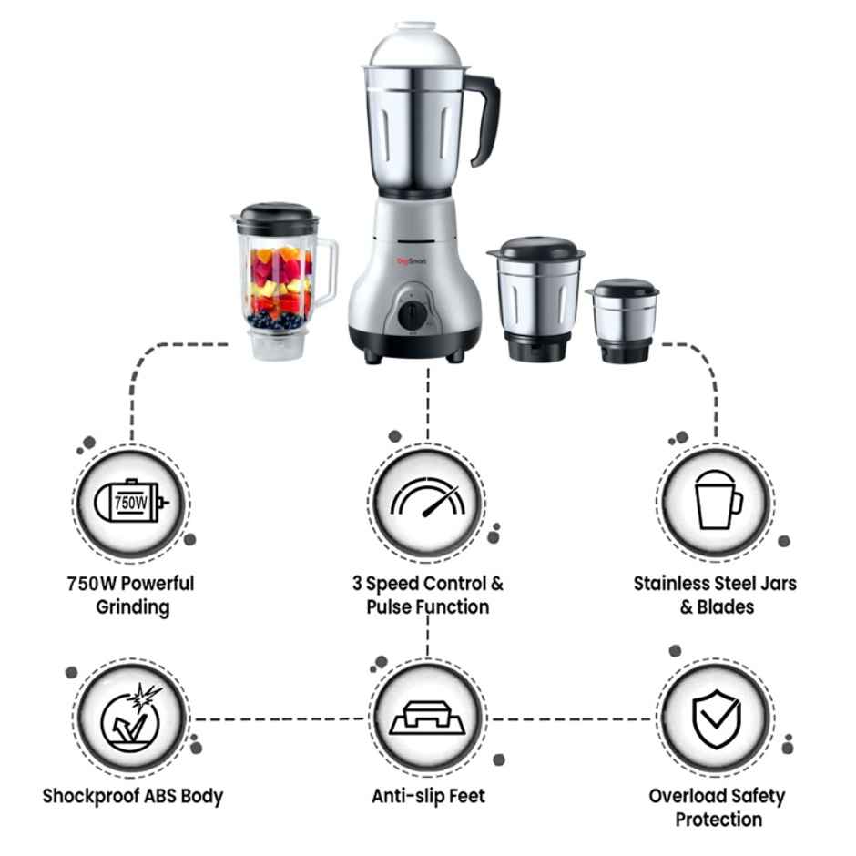 Digismart Kitchen Mate 750 Watt Mixer Grinder With 4 Jars Comes - Grey & Black