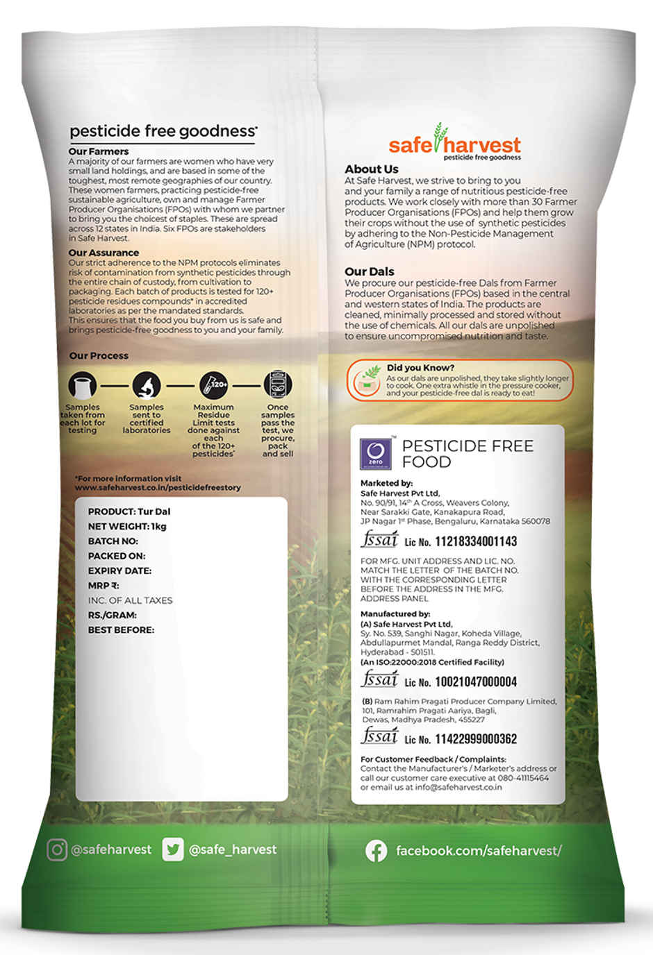 Safe Harvest Pesticide-Free Unpolished Tur Dal | Natural, Chemical-Free, Vegan and Gluten-Free