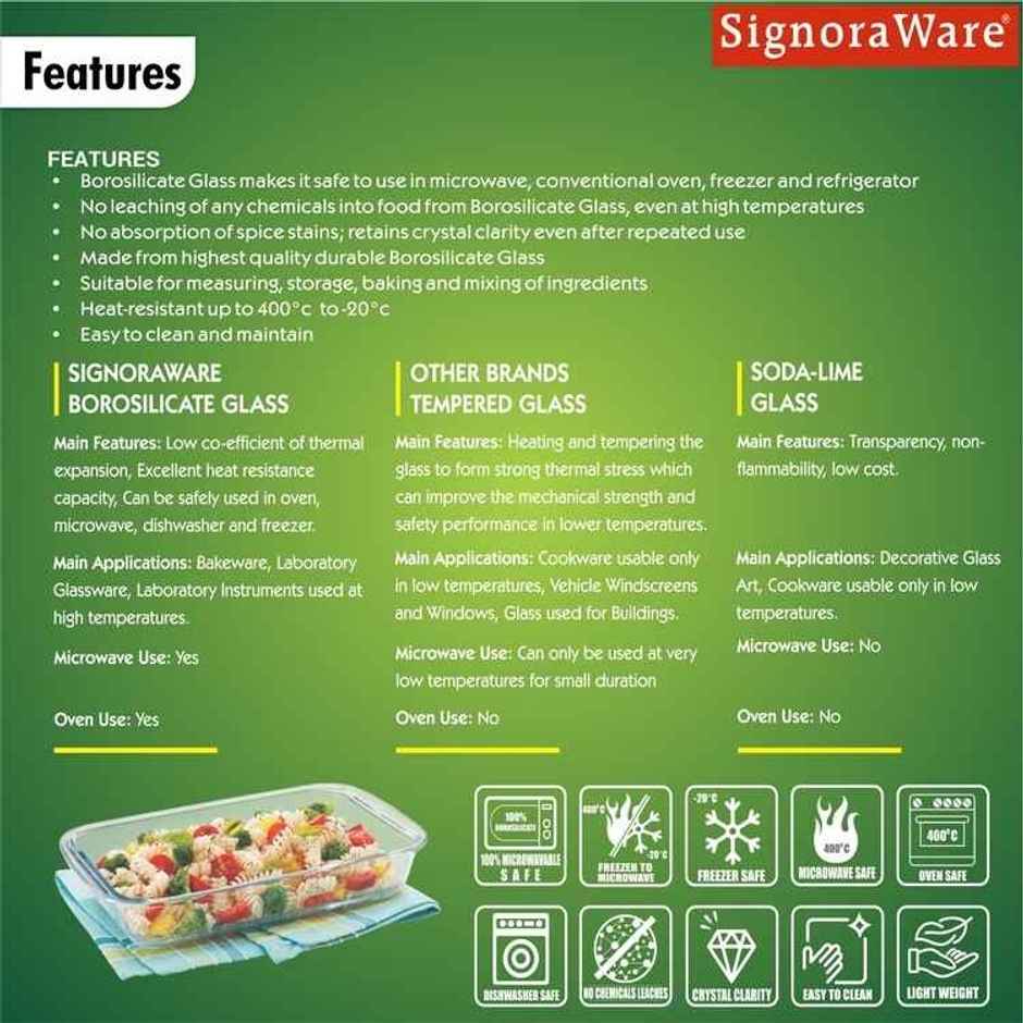 Signoraware Bake N Serve Rectangular Dish | 1000 ml | Clear | Baking Tray, Glass Bakeware