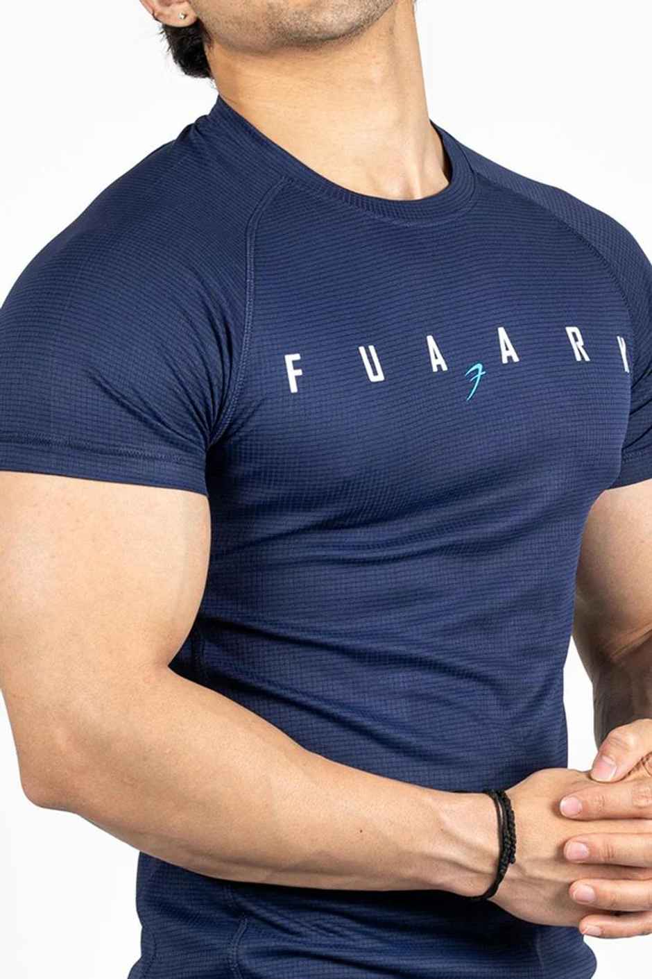 FUAARK Men's Checks Round Neck Slim Fit Gym & Active Wear Sports T-shirt | Navy Blue - L