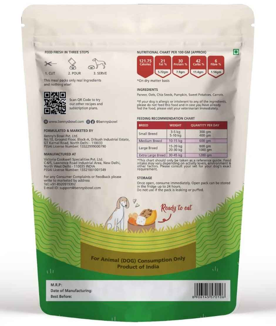 Bennys Bowl Fresh Wet Dog Food Paneer Oats