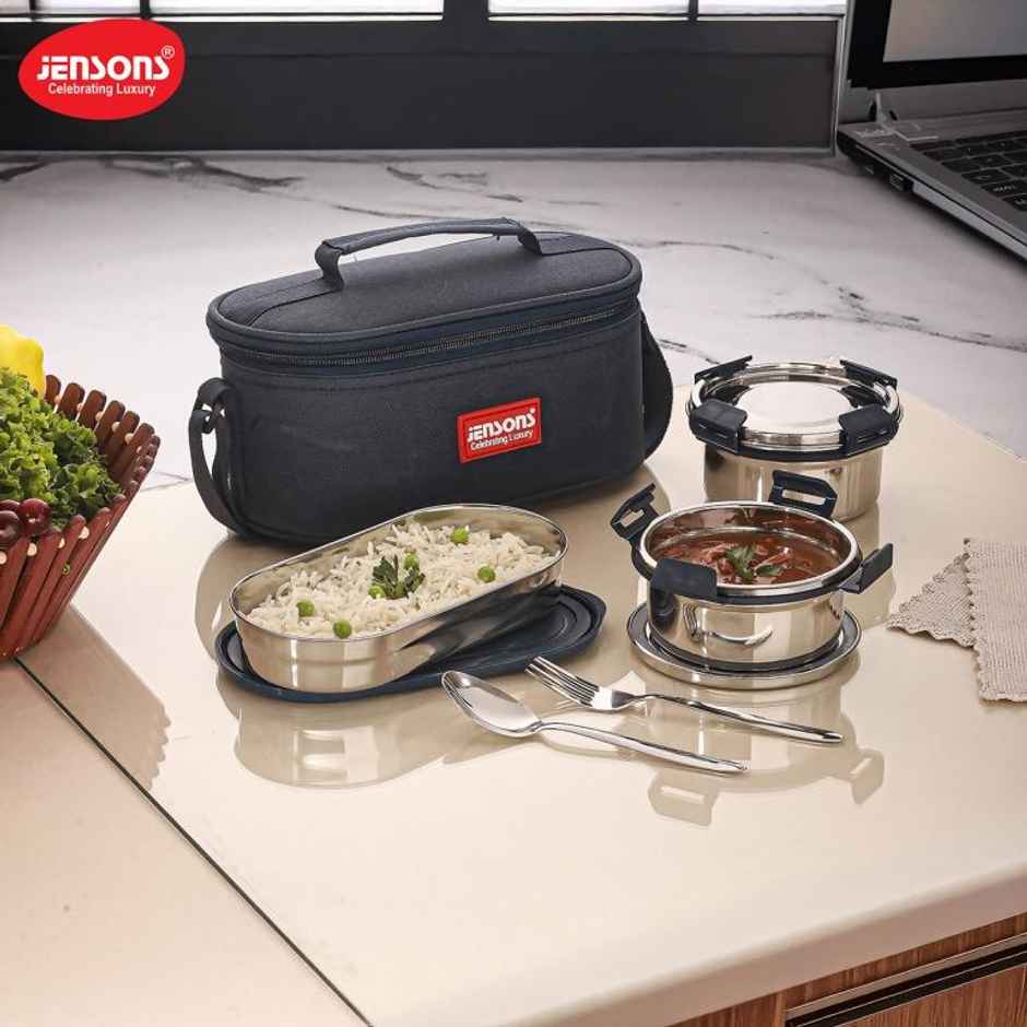 Jensons Stainless Steel Quade Meal 3 Lunch Box 350ml x 2 and 450ml x 1