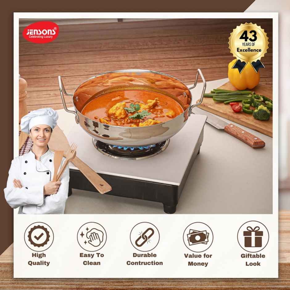 Jensons Stainless Steel Heavy Duty Kadai 19 cm 1 Litre | Induction Base | Cap 1.2L