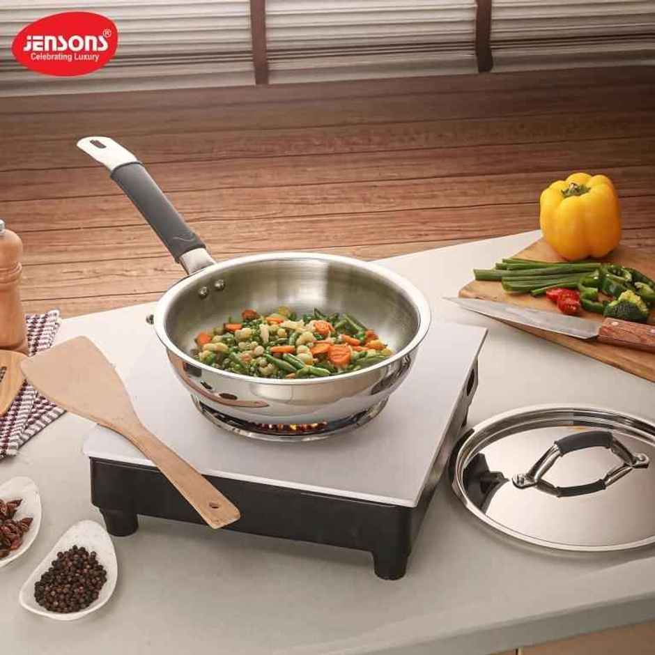 Jensons Triply Stainless Steel Fry Pan 22 cm with Lid | Gas & Induction Compatible
