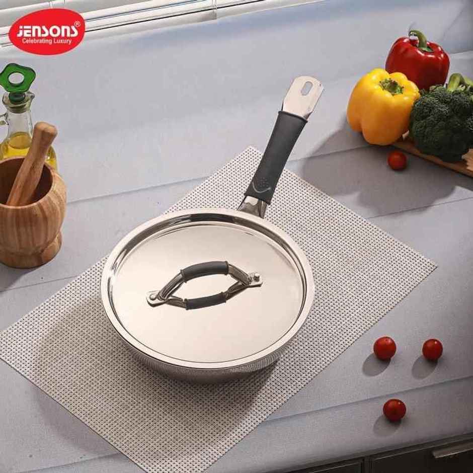 Jensons Triply Stainless Steel Fry Pan 22 cm with Lid | Gas & Induction Compatible