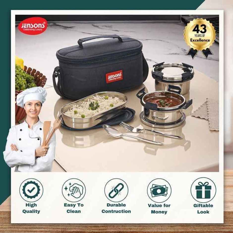 Jensons Stainless Steel Qqade Meal Lunch Box | Leak Proof Meal Box | 350mlX2, 150mlX1