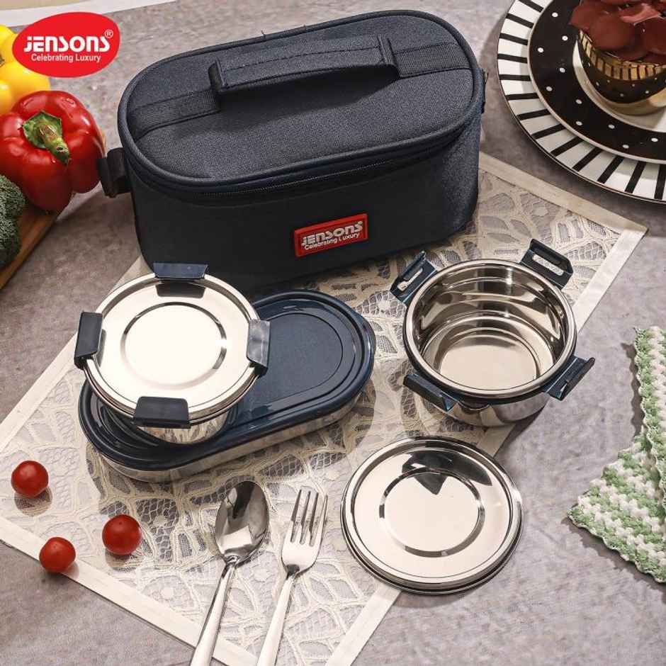 Jensons Stainless Steel Quade Meal 3 Lunch Box 350ml x 2 and 450ml x 1