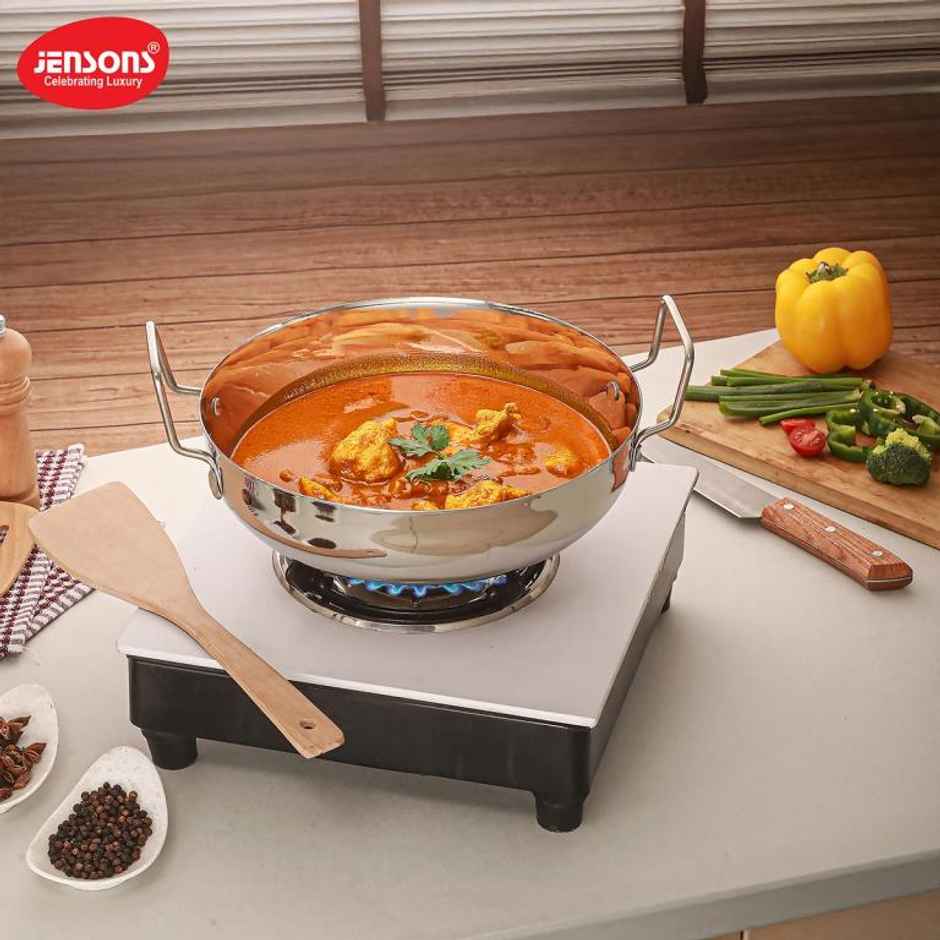 Jensons Stainless Steel Heavy Duty Kadai 19 cm 1 Litre | Induction Base | Cap 1.2L