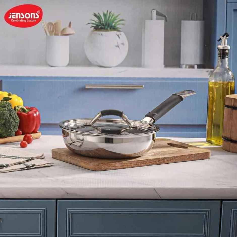 Jensons Triply Stainless Steel Fry Pan 22 cm with Lid | Gas & Induction Compatible