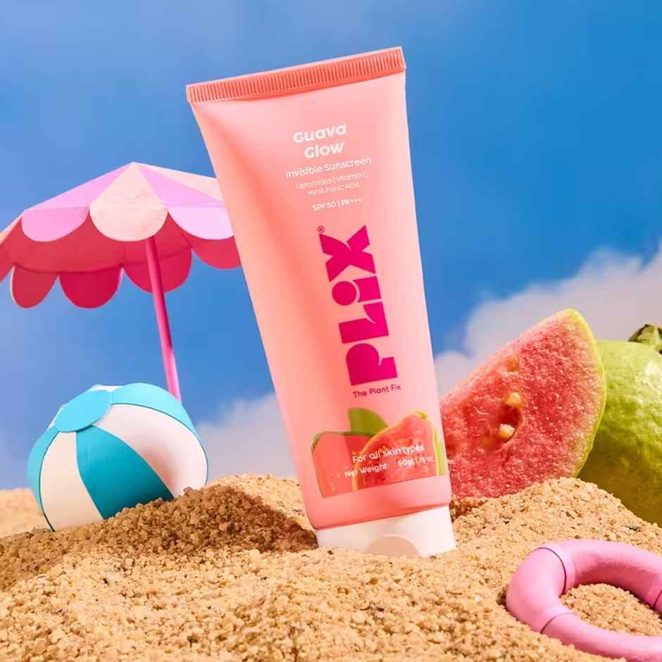 Plix Guava Glow Sunscreen SPF 50+ with UVA, UVB & Blue Light Protection enriched with Ceramides & Hyaluronic Acid