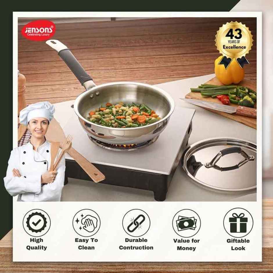 Jensons Triply Stainless Steel Fry Pan 22 cm with Lid | Gas & Induction Compatible