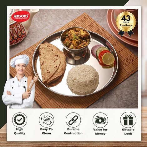 Jensons Stainless Steel Thali, 20 cm, Elegant Round Plate Durable Food Grade Material