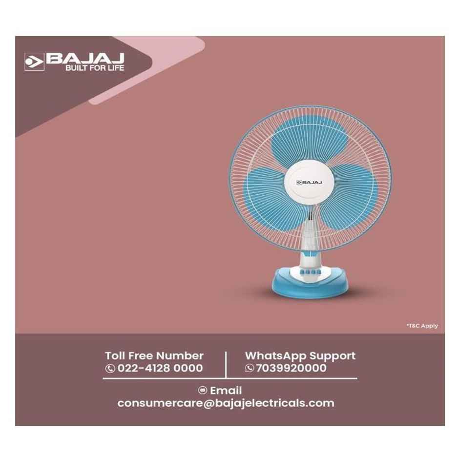 Bajaj Frore Neo Table Fan, 400mm, 3-Speed Control, 100% Copper Motor, White and Blue