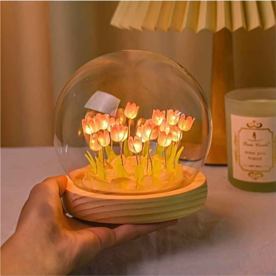 DesiDiya Round Tulip Crystal Ball LED Night Light For Valentine For Girlfriend, Wife, Love One