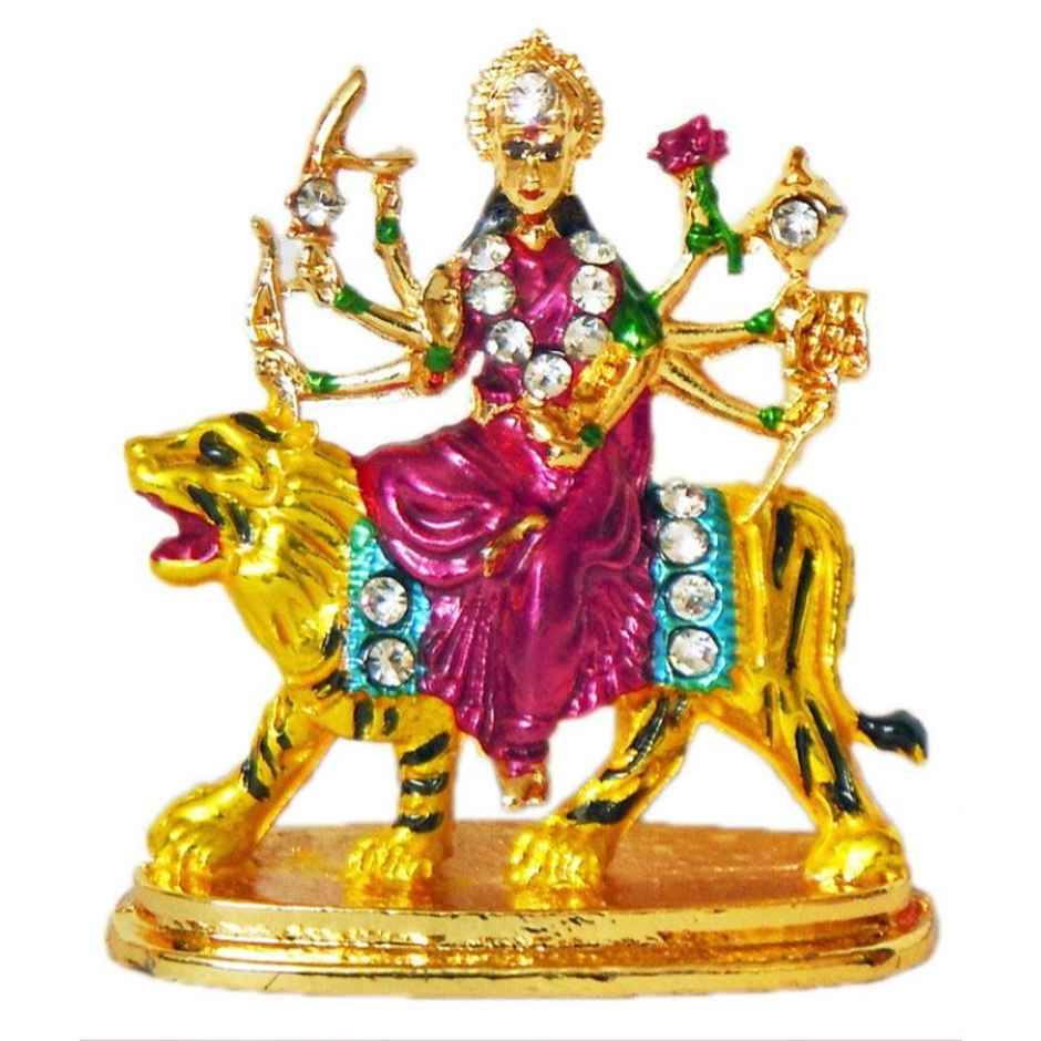 TiyuTrendzz Stone Studded Bhagawati Maa Durga Idol | Car dashboard | Pooja | Home | Office - Golden