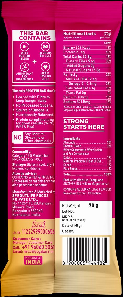 Yoga Bar 20g Protein Bar, Dark Chocolate, No Added Sugar, Multigrain Energy Bar, High Protein Bar