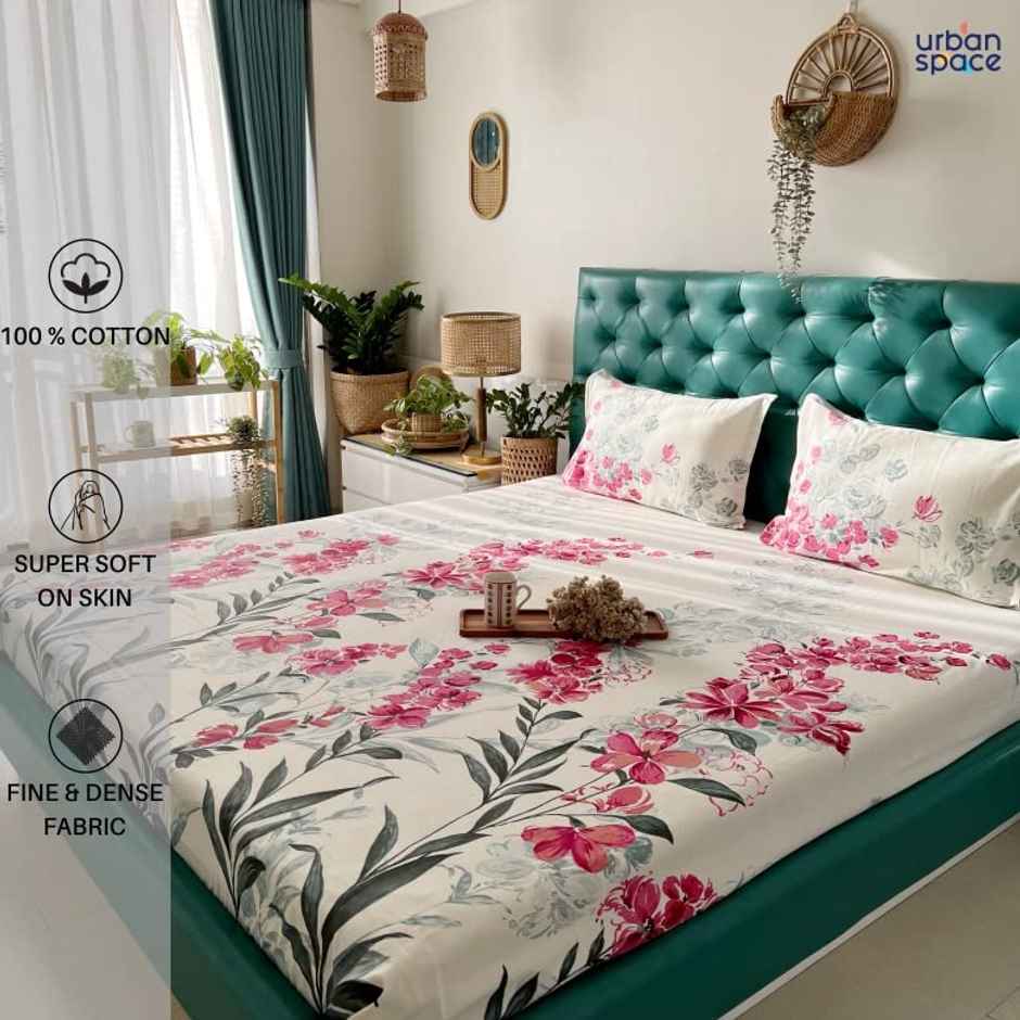 Urban Space 200 TC 100% Cotton Double Bedsheet with 2 Pillow Covers - Majestic Pink