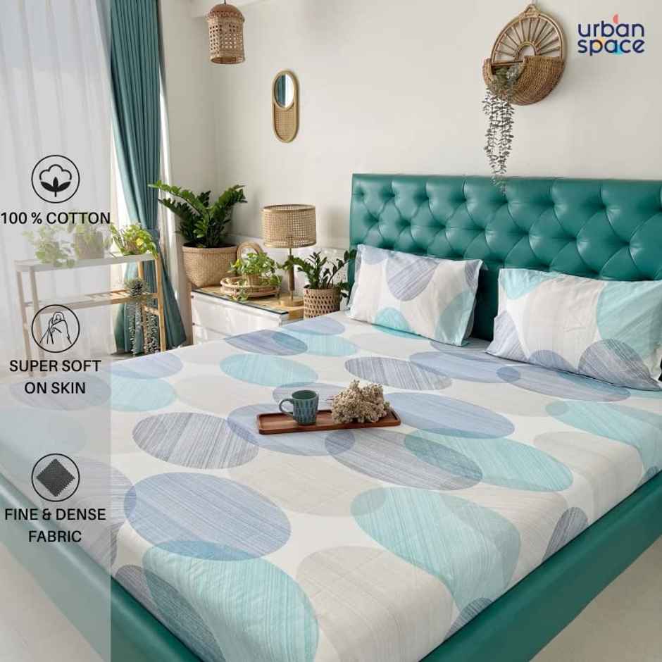 Urban Space 200 TC 100% Cotton Double Bedsheet with 2 Pillow Covers - Oval Blue