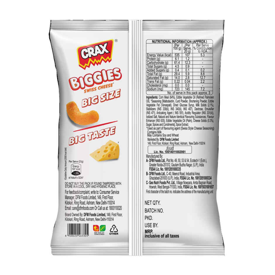 Crax Biggies Swiss Cheese Puff Snacks | Cheesy & Crispy