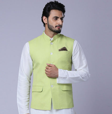 Ethnix by Raymond Men's Regular Fit Pure Polyester Solid Stand Collar Bundi | Light Green - L