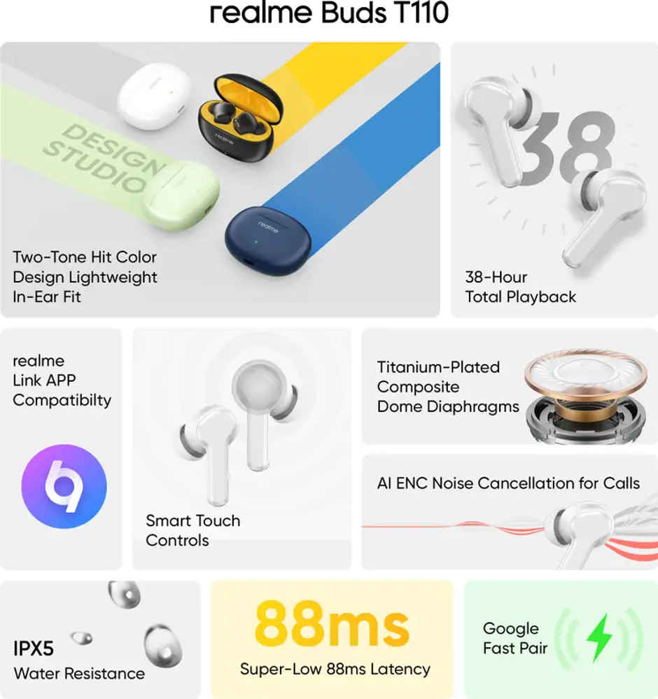 Realme Buds T110 With Ai Enc For Calls Fast Charging Bluetooth In Ear Earbuds ( White )