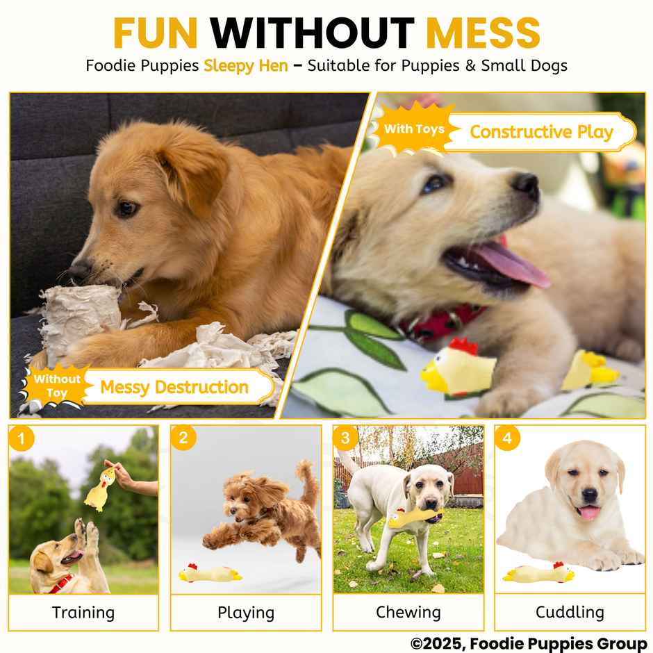 Foodie Puppies Latex Yellow Sleepy Hen Squeaky Dog Toy for Small Dogs and Puppies