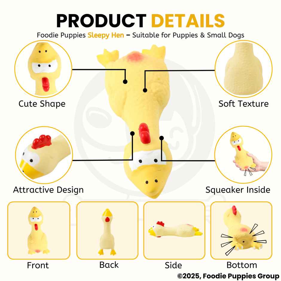 Foodie Puppies Latex Yellow Sleepy Hen Squeaky Dog Toy for Small Dogs and Puppies