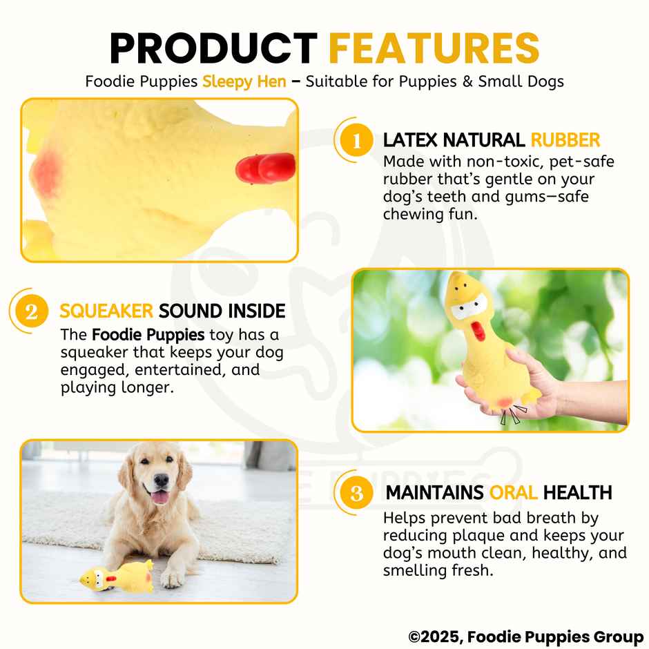 Foodie Puppies Latex Yellow Sleepy Hen Squeaky Dog Toy for Small Dogs and Puppies