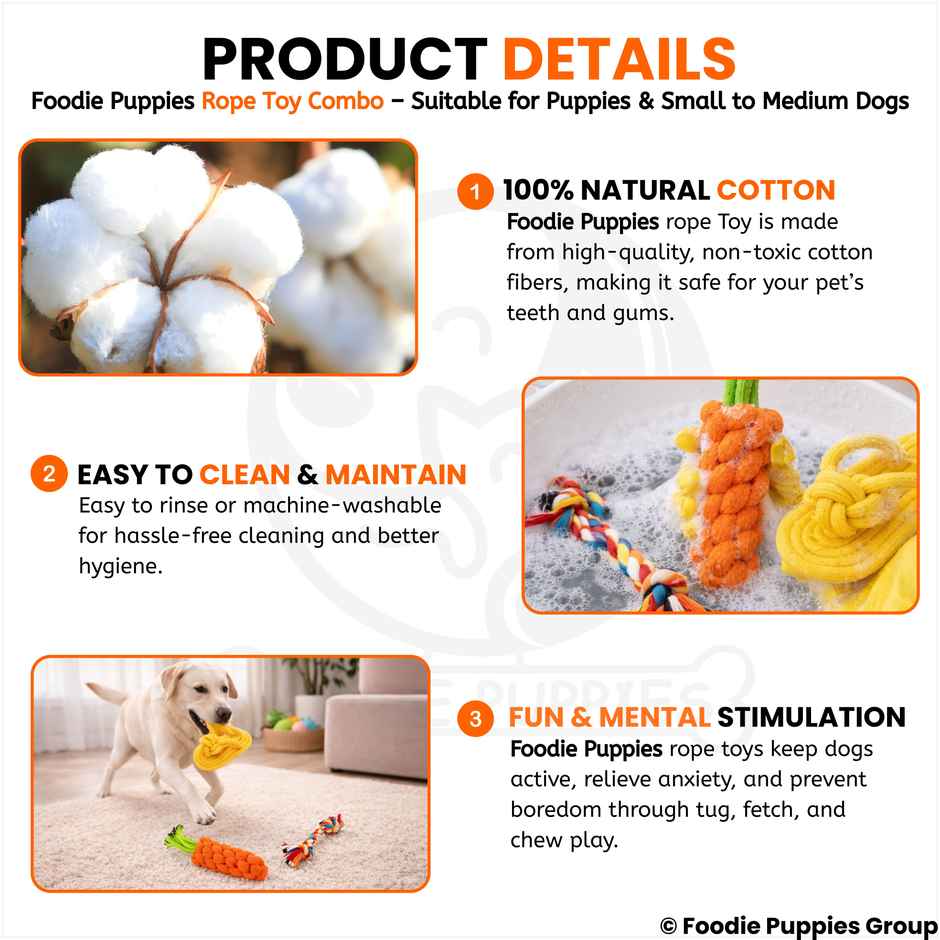 Foodie Puppies 3 in 1 Cotton Rope Chew Toy Combo for Small Dogs and Puppies