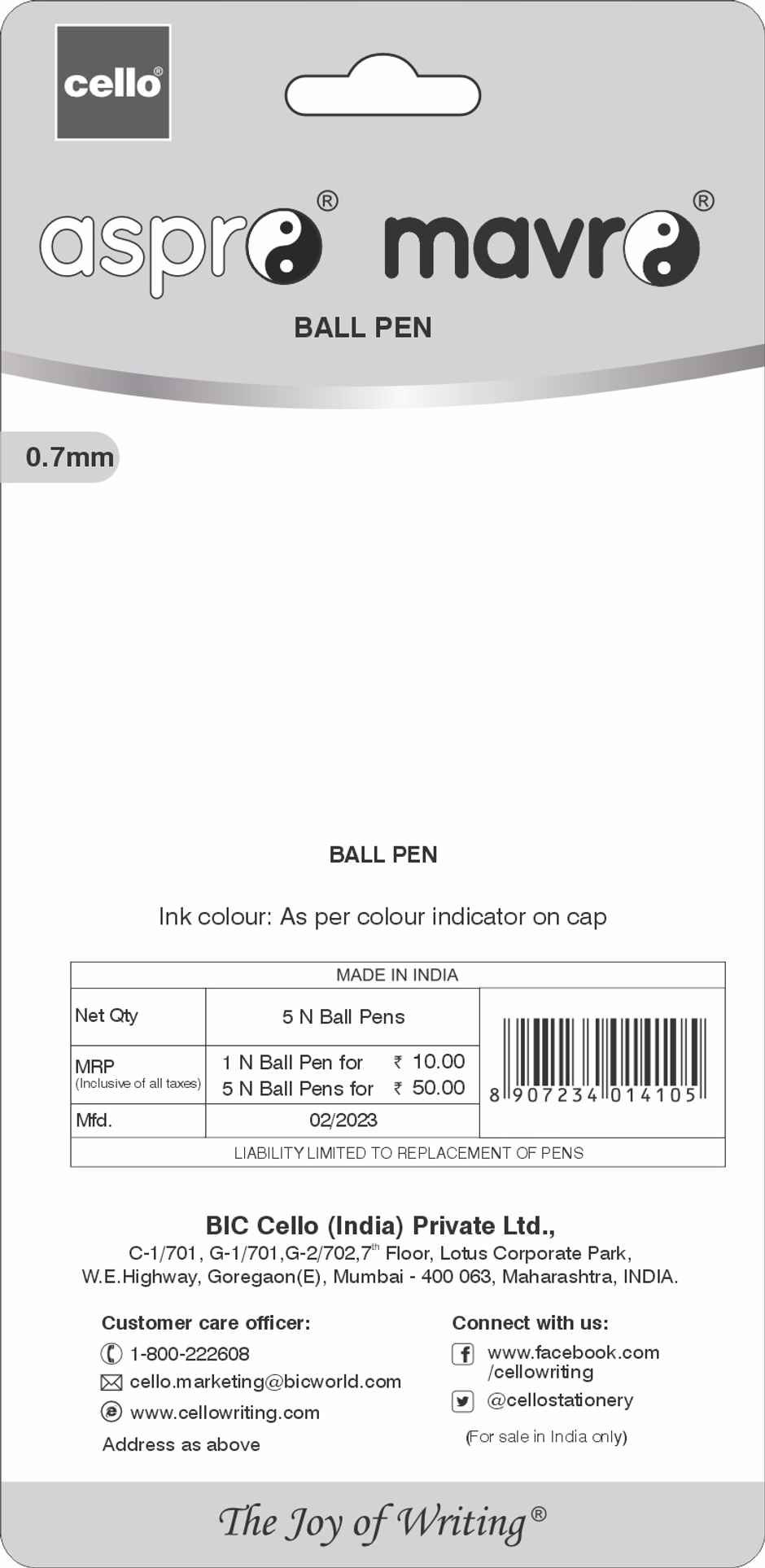 Cello Aspro Mavro Blue Ball Pen Pack of 5