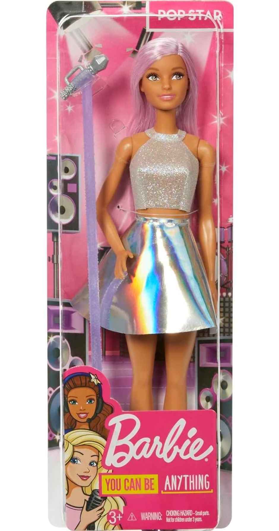 Mattel Barbie Pop Star Doll Dressed In Iridescent Skirt & Microphone and Pink Hair, For 3 to 7 Year Olds
